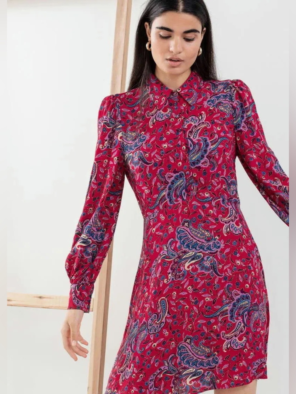 & Other Stories Blue and Red and Purple Paisley Mini Shirt Dress
